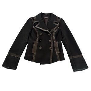 Bebe Women’s Black Double Breasted Peacoat Jacket with Leather Trim SZ S Wool